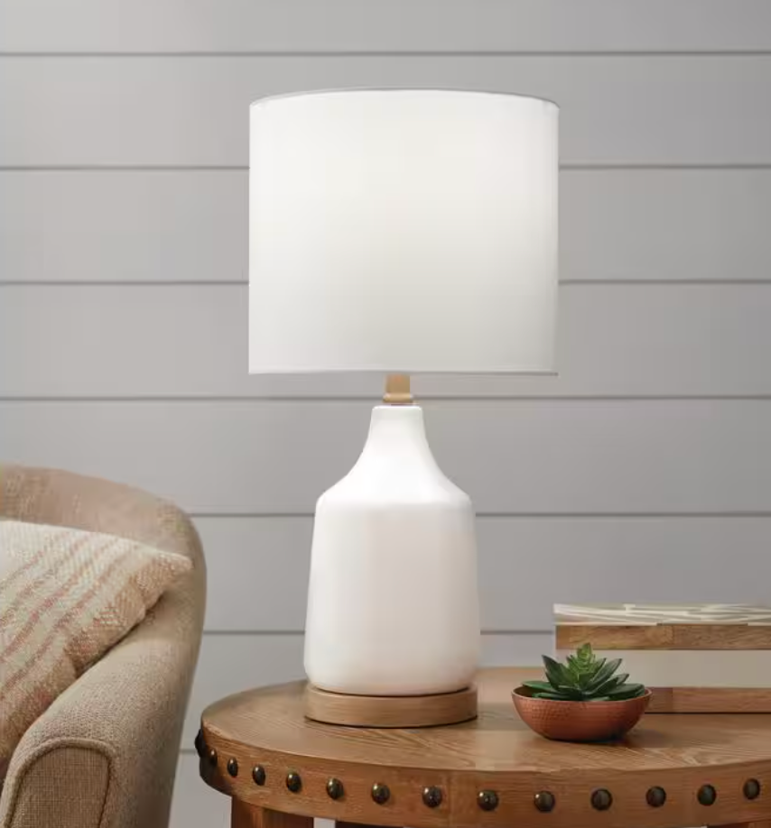 Saddlebrook 21.5 in. Cream Ceramic and Faux Wood Table Lamp with White Fabric Shade (Hampton Bay)