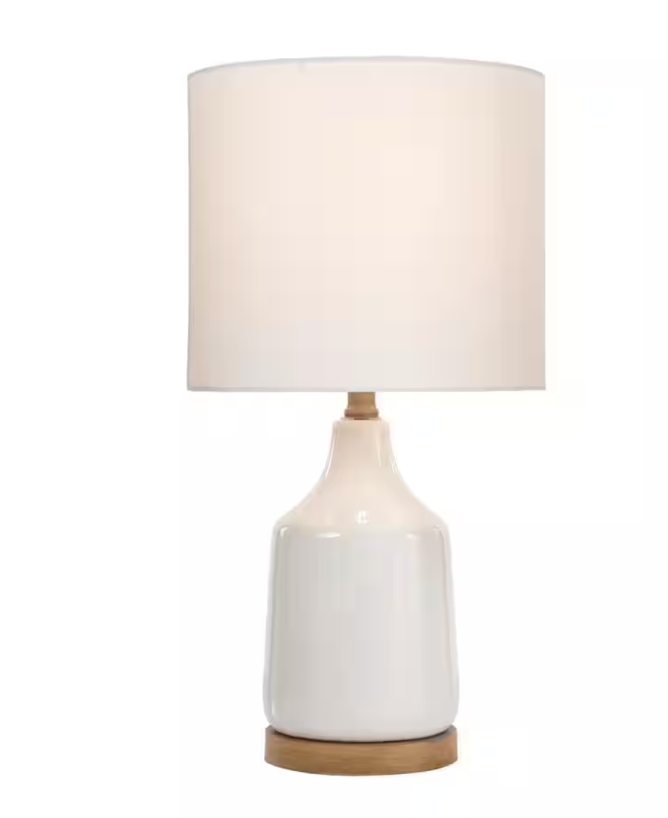 Saddlebrook 21.5 in. Cream Ceramic and Faux Wood Table Lamp with White Fabric Shade (Hampton Bay)