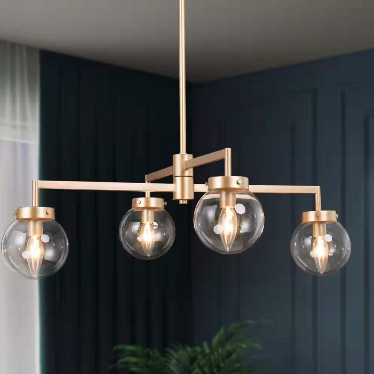 Modern Gold Sputnik Bedroom Chandelier, 27.5 in. 4-Light Farmhouse Linear Globe Dining Room Chandeliers Semi flush Mount (Uolfin)