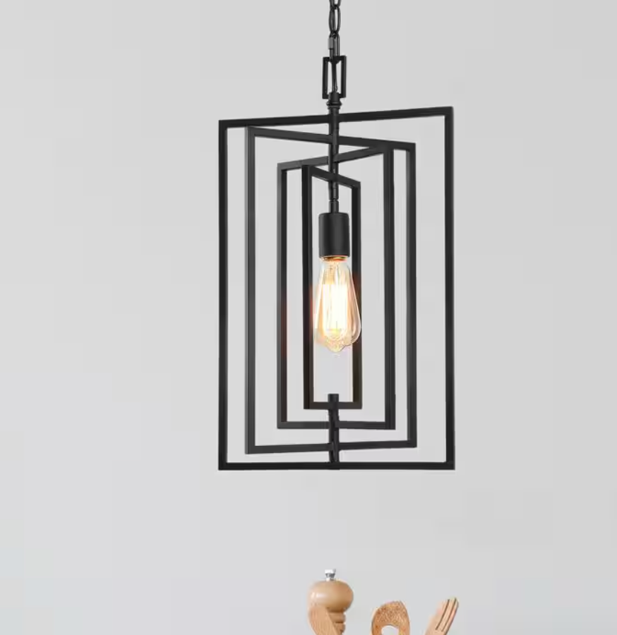 Modern Farmhouse Kitchen Pendant Lights, 1-Light Black Geometric Light Fixture for Kitchen Island with Swing Frame