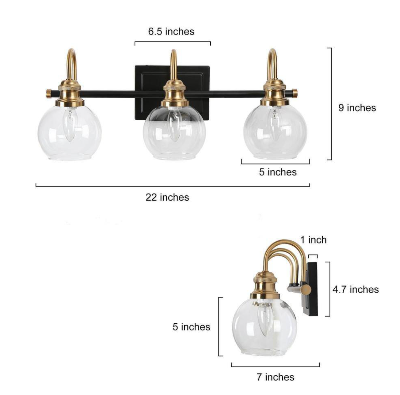 Modern 22 in. 3-Light Black Bathroom Vanity Light, Powder Room Rustic Vanity Light, Clear Glass Brass Gold Wall Light