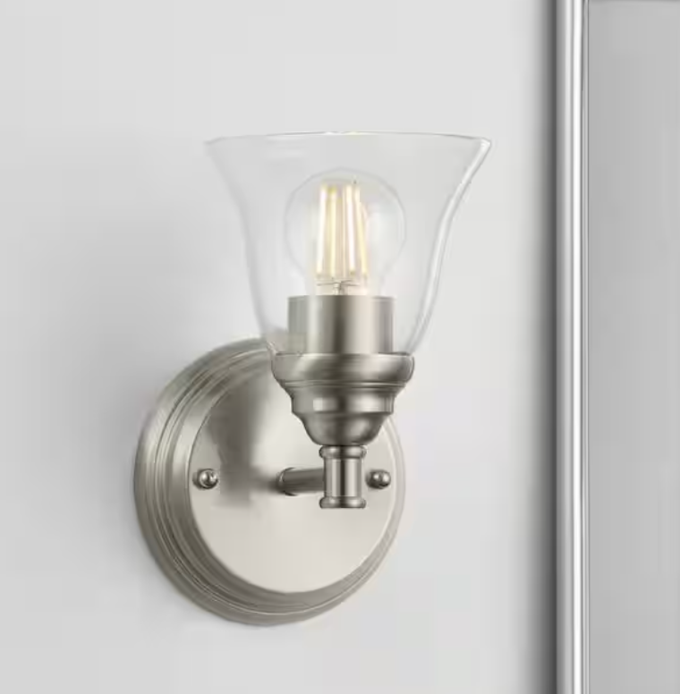 Marsden 5.5 in. 1-Light Brushed Nickel Transitional Wall Sconce with Clear Glass Shade