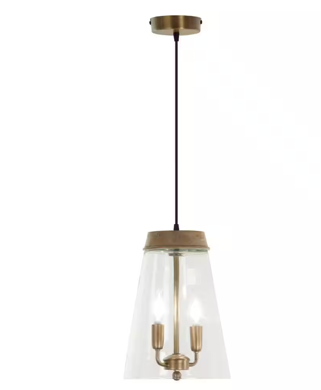 Kinsley 2-Light Gold Shaded Pendant Light with Glass and Mango Wood Empire Shade