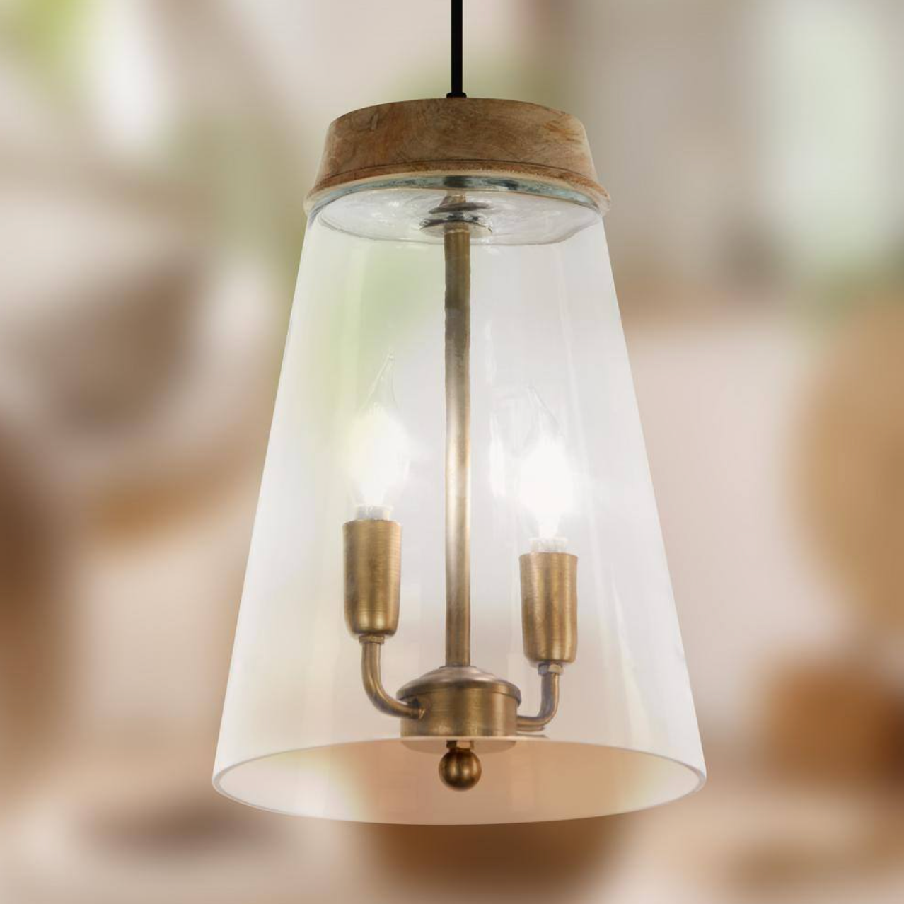 Kinsley 2-Light Gold Shaded Pendant Light with Glass and Mango Wood Empire Shade