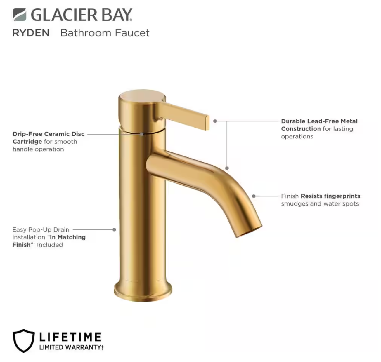 Glacier Bay Ryden Single Hole Single-Handle Bathroom Faucet in Brushed Gold