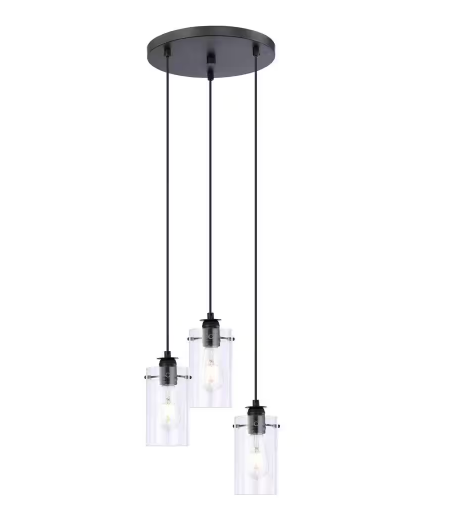 Regan 3-Light Matte Black Pendant Hanging Light with Clear Glass Shades, Industrial Kitchen Pendant Lighting