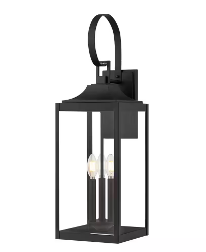 Havenridge 27.8 in. 3-Light Matte Black Hardwired Outdoor Wall Light Lantern Sconce with Clear Glass (1-Pack)