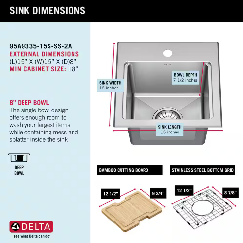 Emery (Delta) 15 in. Drop-In/Undermount Single Bowl 18 Gauge Stainless Steel Kitchen Workstation Sink with Accessories