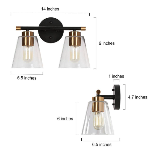 Transitional Cone Bathroom Vanity Light Modern 2-Light Black and Gold Dome Wall Light with Clear Glass Shades