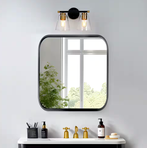 Transitional Cone Bathroom Vanity Light Modern 2-Light Black and Gold Dome Wall Light with Clear Glass Shades