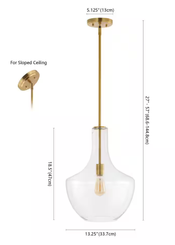 Watts 13.25 in. 1-Light Brass Gold/Clear Mid-Century Modern Iron/Glass LED Schoolhouse Pendant