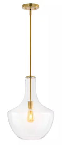 Watts 13.25 in. 1-Light Brass Gold/Clear Mid-Century Modern Iron/Glass LED Schoolhouse Pendant