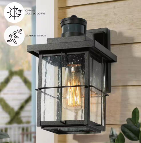 Modern Outdoor Wall Light with Motion Sensor, 1-Light Black Exterior Sconce for Porch Garage Pergola Gazebo Deck Garden