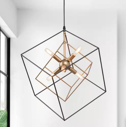 Black Sputnik Candlestick Island Chandelier, Linear Square Modern Industrial 6-Light Gold Nested Cage Pendant Light