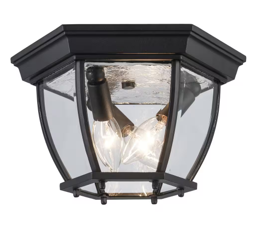 Angelus 11 in. 3-Light Black Outdoor Flush Mount Ceiling Light Fixture with Clear Glass