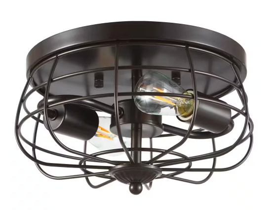 11 in. 2-Light Bronze Rustic Metal Caged Flush Mount