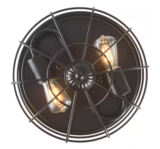 11 in. 2-Light Bronze Rustic Metal Caged Flush Mount