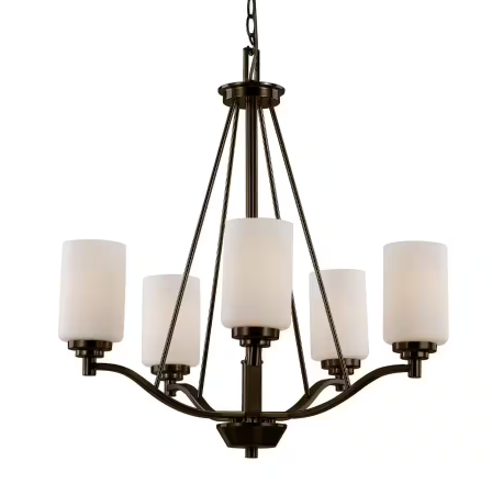 Mod Pod 5-Light Oil Rubbed Bronze Candle Chandelier Light Fixture with Frosted Glass Cylinder Shades