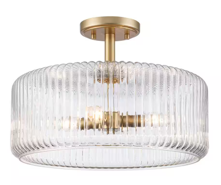 Quartz Quarters 15.75 in. 4-Light Gold Semi-Flush Mount Ceiling Light with Clear Reeded Glass Shade