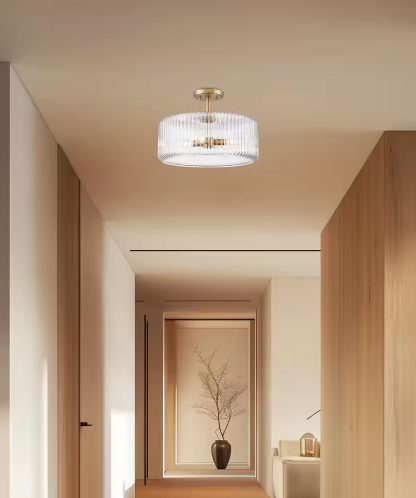 Quartz Quarters 15.75 in. 4-Light Gold Semi-Flush Mount Ceiling Light with Clear Reeded Glass Shade