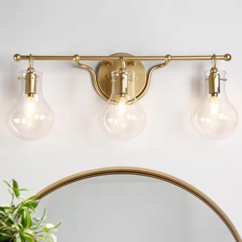 Modern 22.4 in. 3-Light Gold Bathroom Vanity Light with Globe Clear Glass Shades Powder Room Wall Sconce