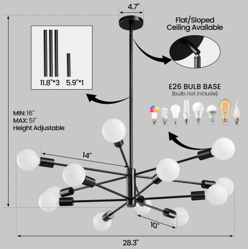 Modern Sputnik Chandelier 12-Light Black Chandeliers Mid Century Ceiling Light Fixture with no bulbs included