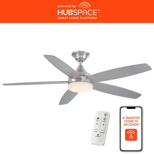 Tyra 52 in. Smart Indoor Brushed Nickel Ceiling Fan with Adjustable White LED with Remote Included Powered by Hubspace