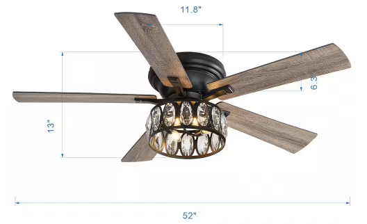 Jemore 52 in. Indoor Flush Mounted Black Crystal Ceiling Fan with Light Kit and Remote Control Included