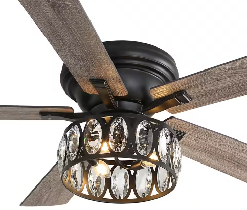 Jemore 52 in. Indoor Flush Mounted Black Crystal Ceiling Fan with Light Kit and Remote Control Included