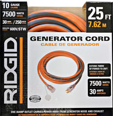 Ridgid - 25 ft. 10/4 Heavy Duty Outdoor L14-30 Amp Generator Extension Cord with Lighted End, Orange/Grey