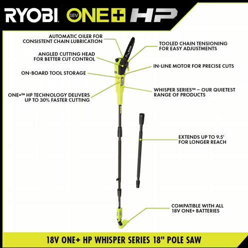 Ryobi - ONE+ HP 18V Brushless Whisper Series Cordless Battery 8 in. Pole Saw (Tool Only)