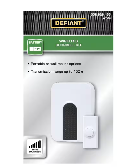 Wireless Battery Operated Doorbell Kit with Wireless Push Button, White (Defiant)