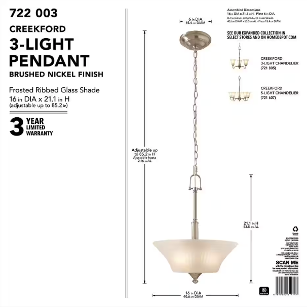 Creekford 3-Light Brushed Nickel Pendant with Frosted Glass Shade