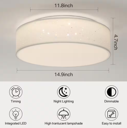 15 in. Modern White Integrated LED Dimmable Novelty Star Cloth Cover Flush Mount Ceiling Light Fixture for Bedroom