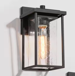 1-Light Matte Black Hardwired Outdoor Wall Lantern Sconce with Square Seeded Glass Shade (1-Pack)