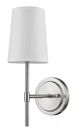 Clarissa 1-Light Brushed Nickel Wall Sconce with White Fabric Shade