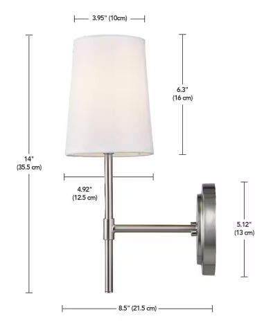 Clarissa 1-Light Brushed Nickel Wall Sconce with White Fabric Shade