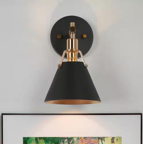 Granville Collection 1-Light Matte Black & Vintage Gold Wall Sconce with Bell Shade Modern Damp-rated Bath Vanity Light