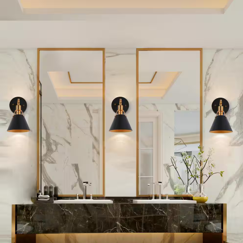 Granville Collection 1-Light Matte Black & Vintage Gold Wall Sconce with Bell Shade Modern Damp-rated Bath Vanity Light