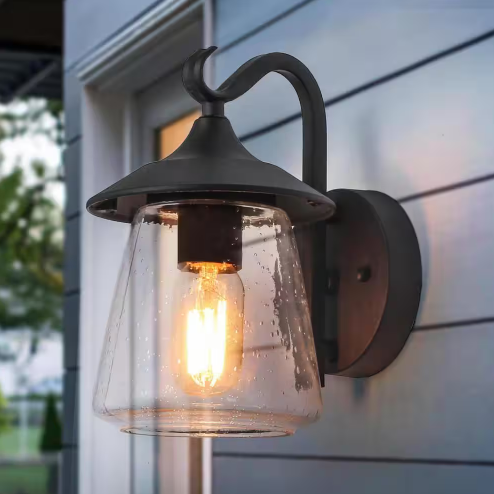 Modern Frosted Black Porch Outdoor Wall Sconce 1-Light Classic Exterior Lantern with Mushroom Clear Seeded Glass Shade