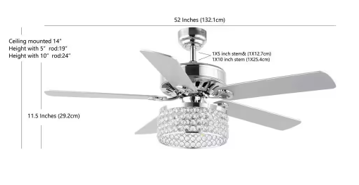 Kristie 52 in. 3-Light Chrome Crystal/Metal Modern Glam Drum LED Indoor Ceiling Fan With Remote