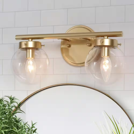 Modern Light Gold Bathroom Vanity Light 14.2 in. W 2-Light Powder Room Wall Light with Globe Clear Glass Shades