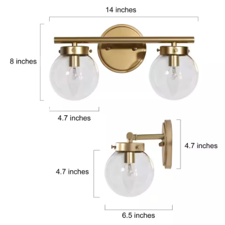 Modern Light Gold Bathroom Vanity Light 14.2 in. W 2-Light Powder Room Wall Light with Globe Clear Glass Shades