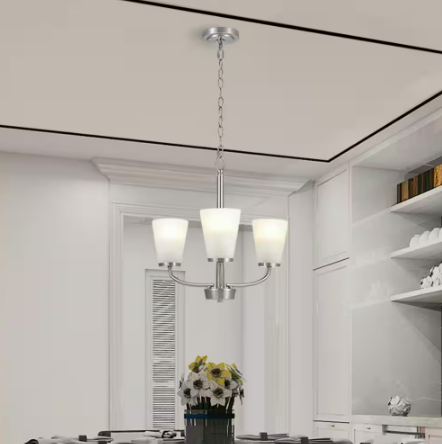 Helena 19 in 3-Light Brushed Nickel Hanging Chandelier with Frosted Glass Shades for Dining Room