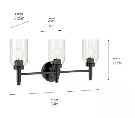 Madden 24 in. 3-Light Black Modern Bathroom Vanity Light with Clear Glass