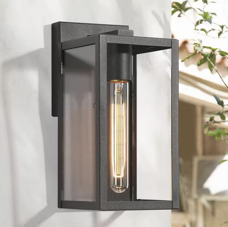 Modern Black Outdoor Sconce with Clear Glass Shade 1-Light Minimalist Exterior Wall Lantern for Deck Patio Porch Pathway