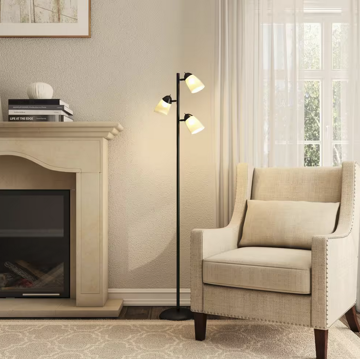 64.5 in. Black Track Tree Floor Lamp with 3 White Plastic Shades