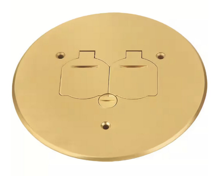 Low-Profile Round Floor Box Outlet Cover with 15A TR Duplex Receptacle and 2 Lift Lids, Brass