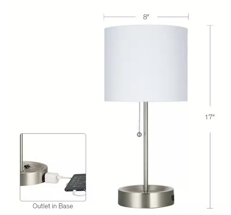 Hampton Bay 17 in Brushed Nickel Table LED 1 Lamp With Power Outlet