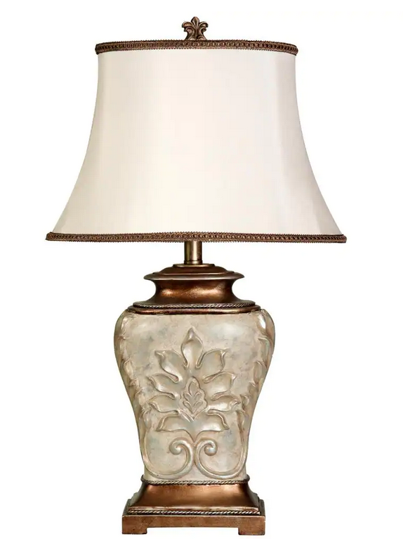 28 in. Antique White With Gold Accents Table Lamp with White Fabric Shade